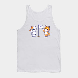 Cute Cat and Cute Shiba Inu Respect Paw Flag Cartoon Tank Top